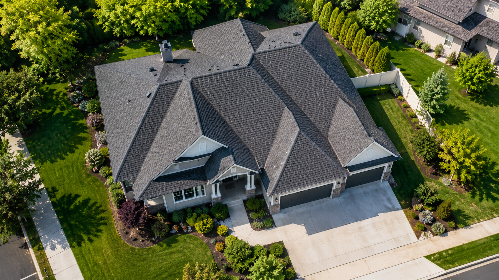 Aerial view of a large gray-roofed suburban house with a driveway and green landscaping