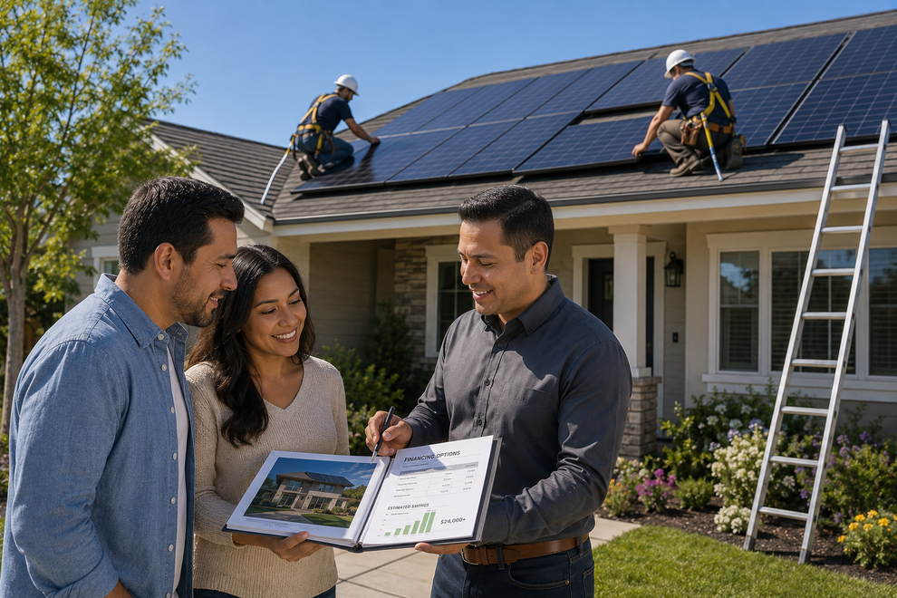 Homeowners reviewing solar panel estimates while workers install panels on a house roof