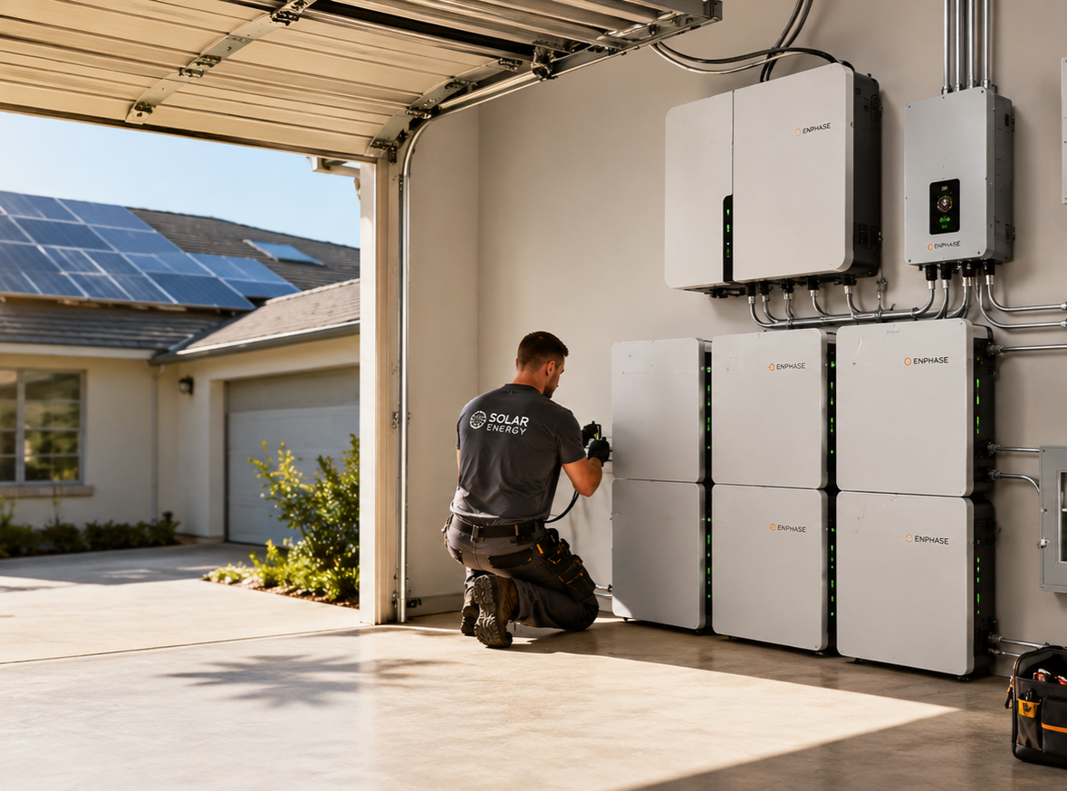Technician installing wall-mounted solar battery system in a garage-like workspace