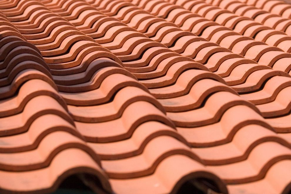 Terracotta roof tiles in neat wavy rows, viewed from above.