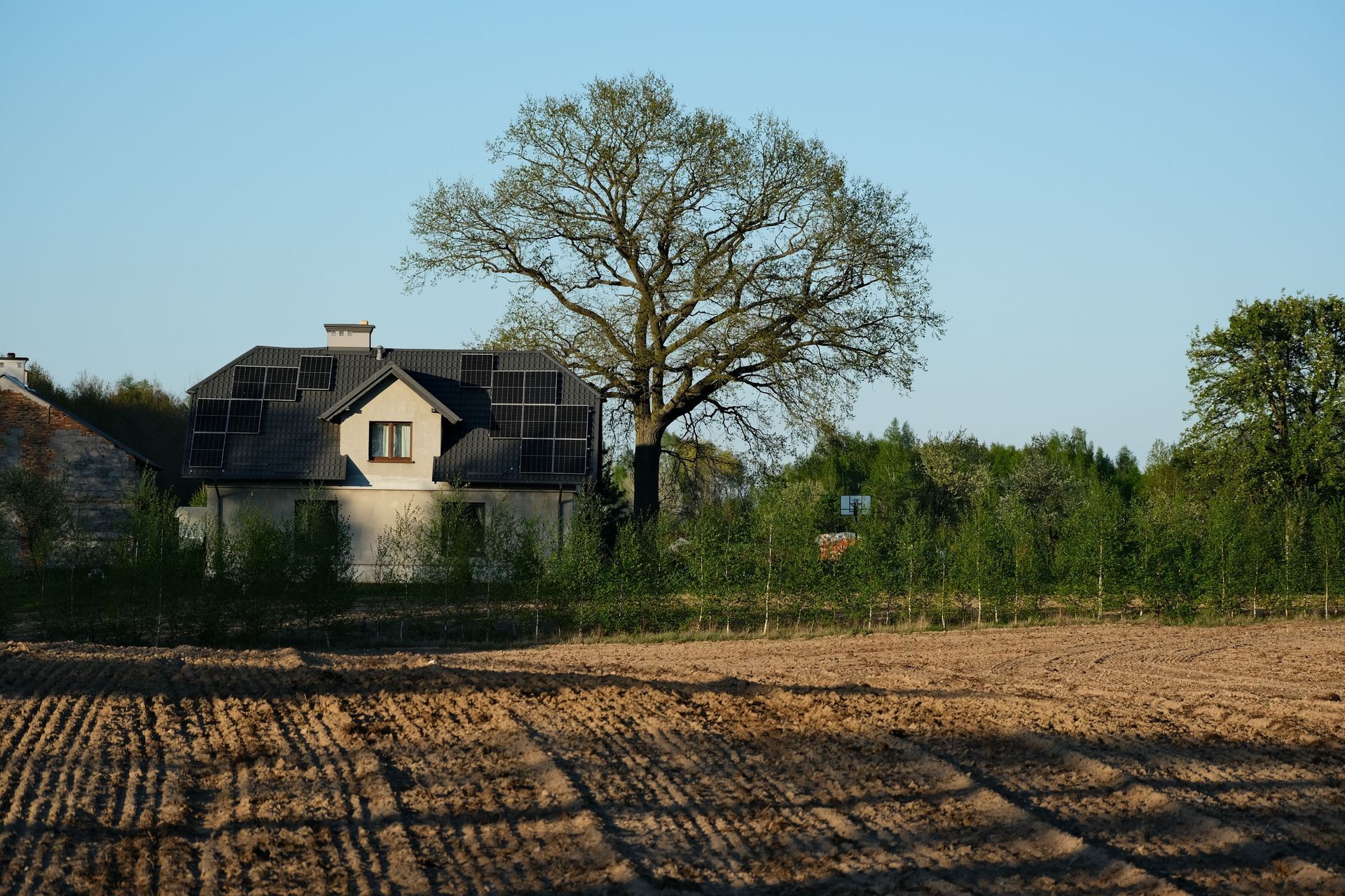 Rural house behind a plowed field and trees under a clear blue sky