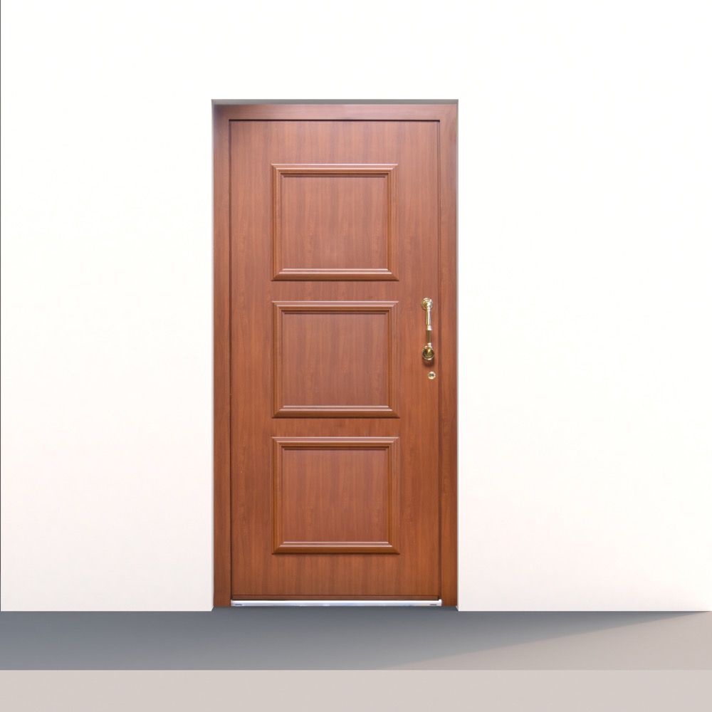 Porta di legno chiusa con tre riquadri incassati e una maniglia in ottone su una semplice parete bianca
