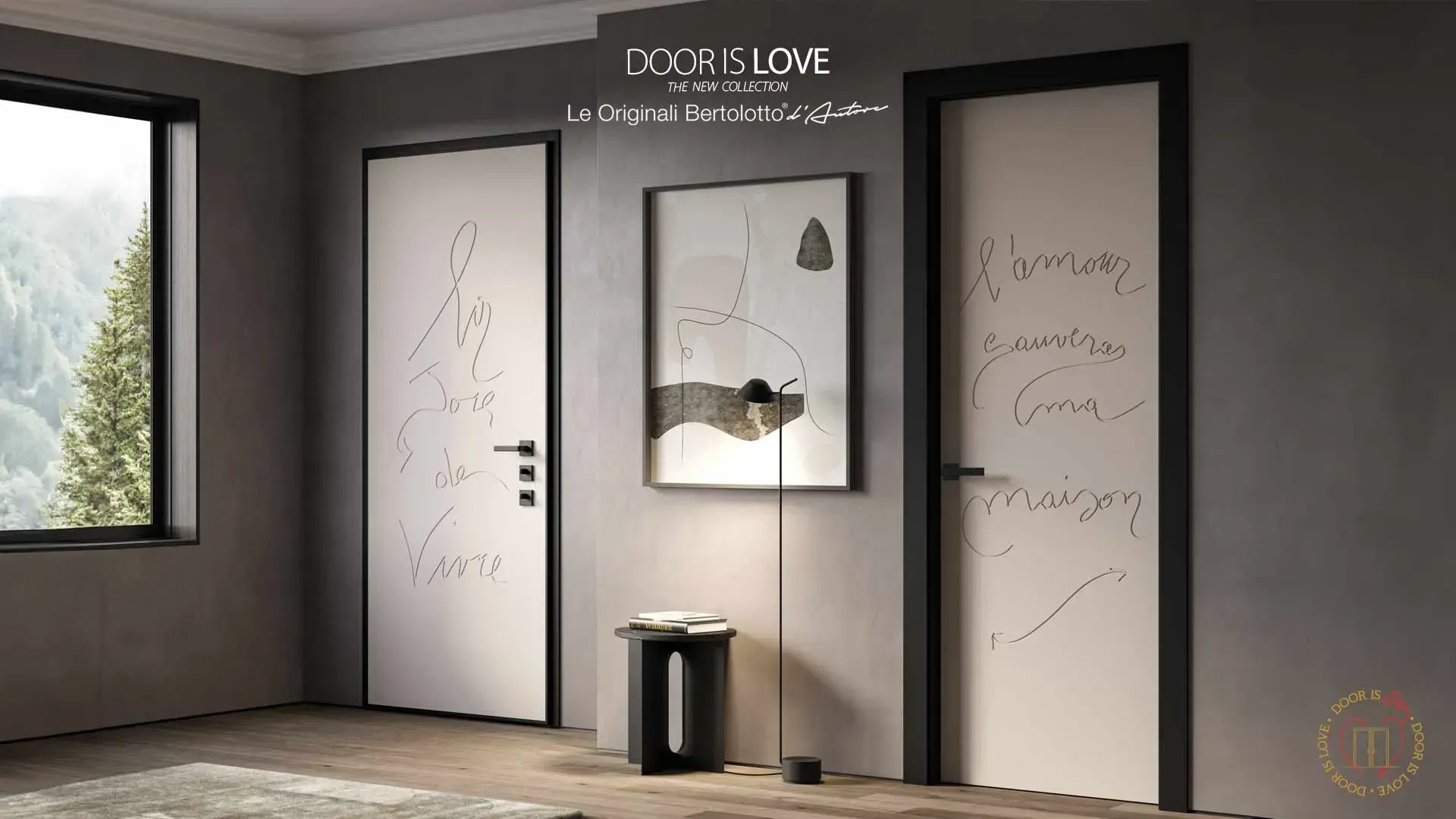 Ingresso moderno con tre porte minimaliste, uno specchio a parete e uno sgabello nero in un ambiente grigio.