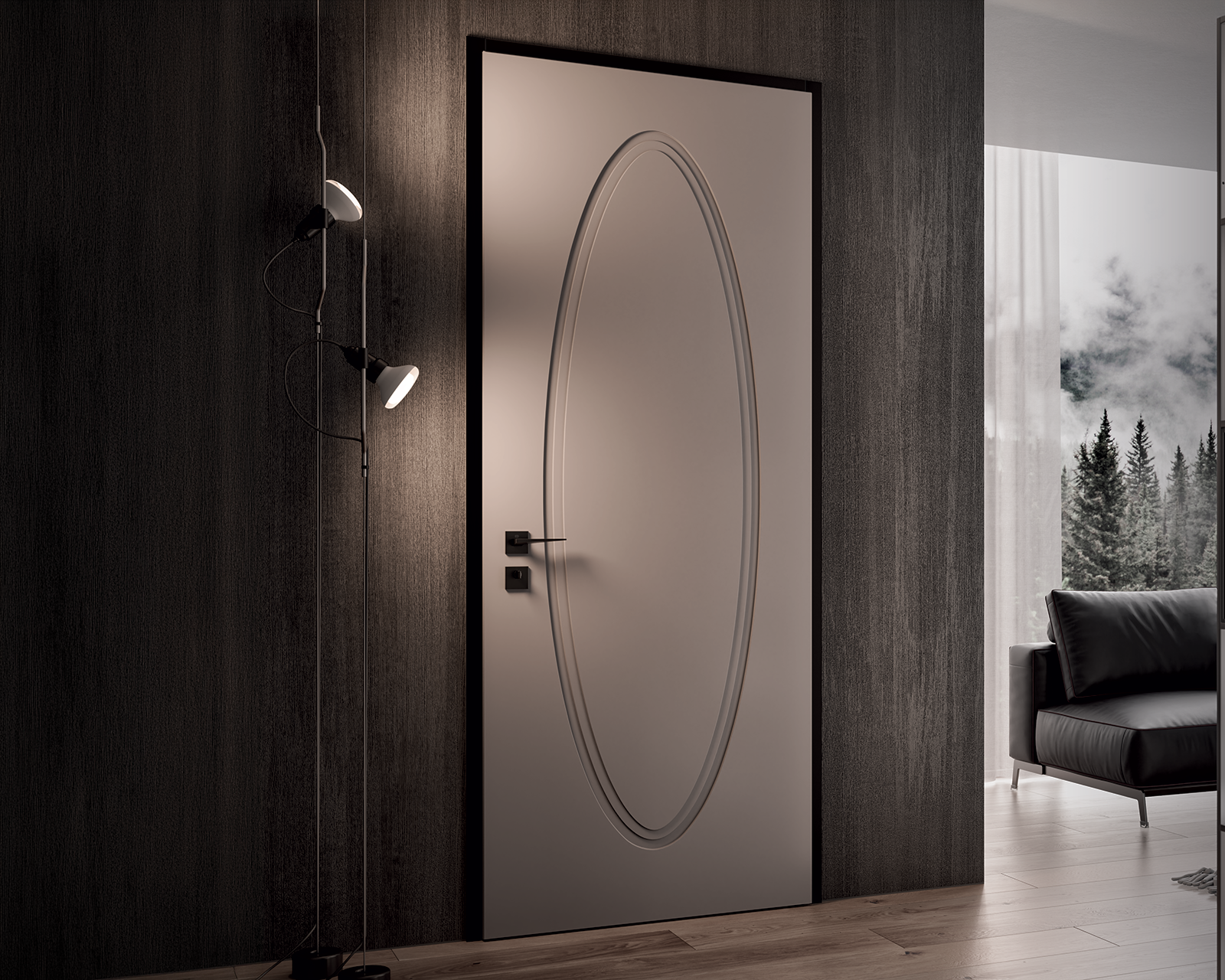 Interni moderni con una porta grigia, pareti scure e materiche e un divano nero sullo sfondo