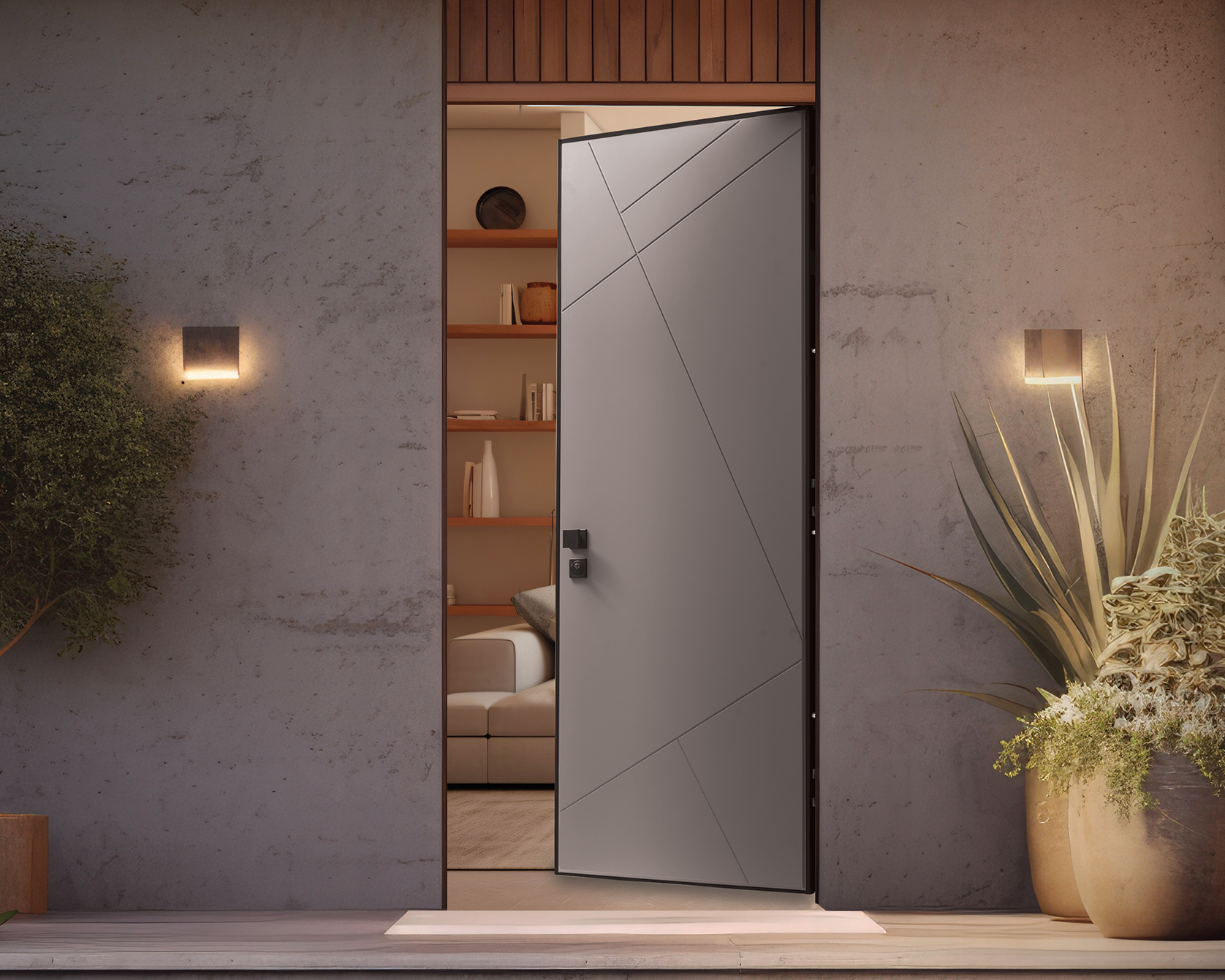 Porta d’ingresso moderna leggermente socchiusa, da cui si intravede un interno illuminato da una luce calda, con scaffali e un letto.