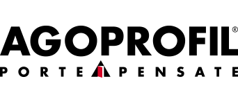 Logo Agoprofil con la scritta «porte in pensate» in nero e una piccola icona triangolare rossa e nera