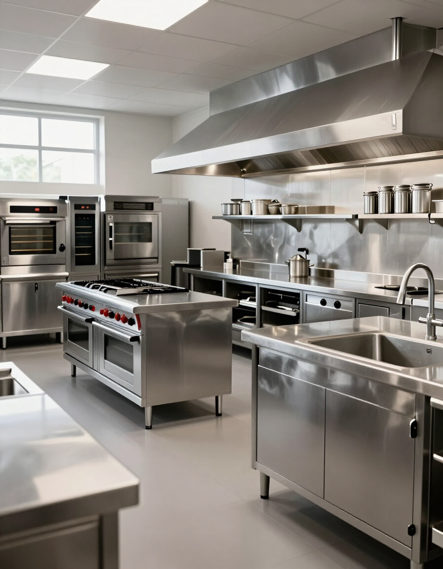Cocina comercial moderna de acero inoxidable, con hornos, fogones, mesas de preparación y campanas extractoras