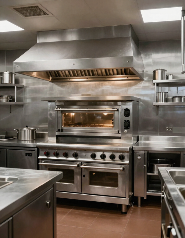 Cocina comercial de acero inoxidable con un horno grande, una estufa y una campana extractora.