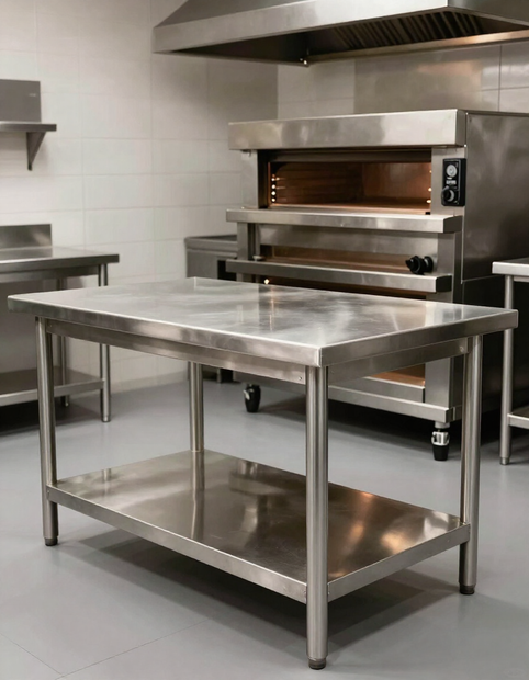 Mesa de preparación de acero inoxidable en una cocina comercial, con hornos y una campana extractora al fondo
