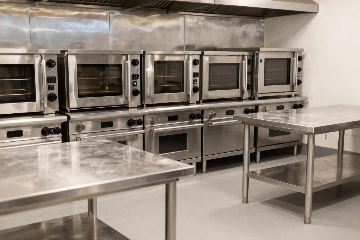Cocina comercial con hornos y mesas de preparación de acero inoxidable sobre un suelo limpio