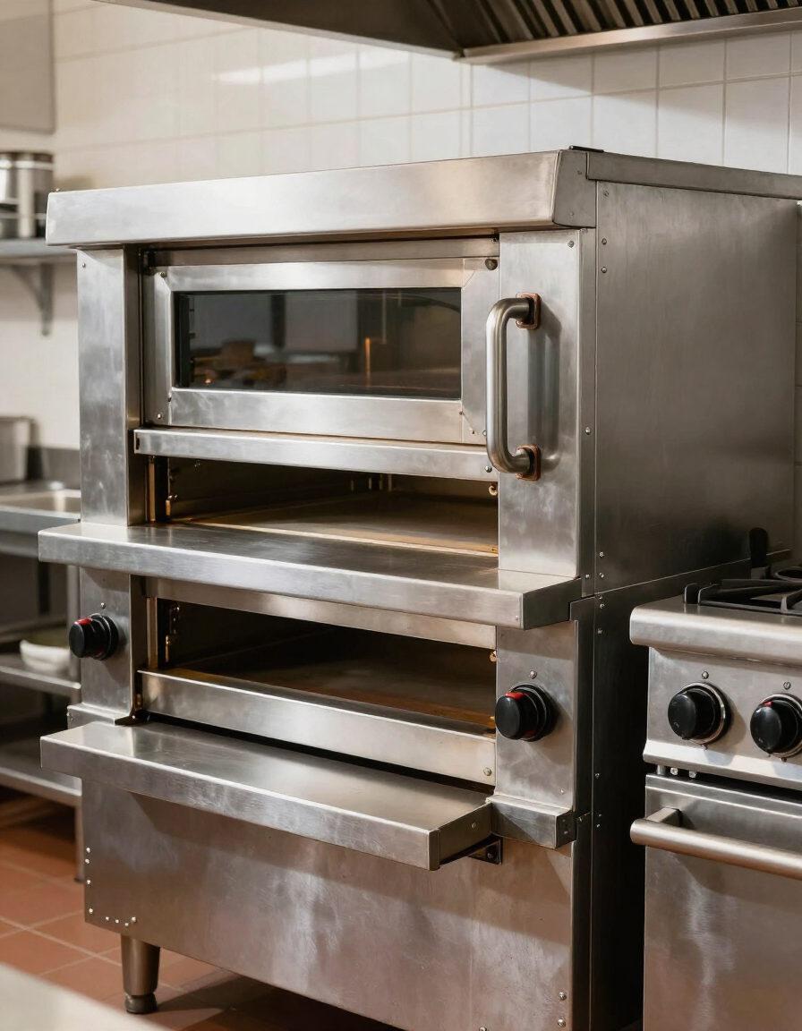 Horno comercial para pizza de acero inoxidable en una cocina, con otro electrodoméstico al lado.