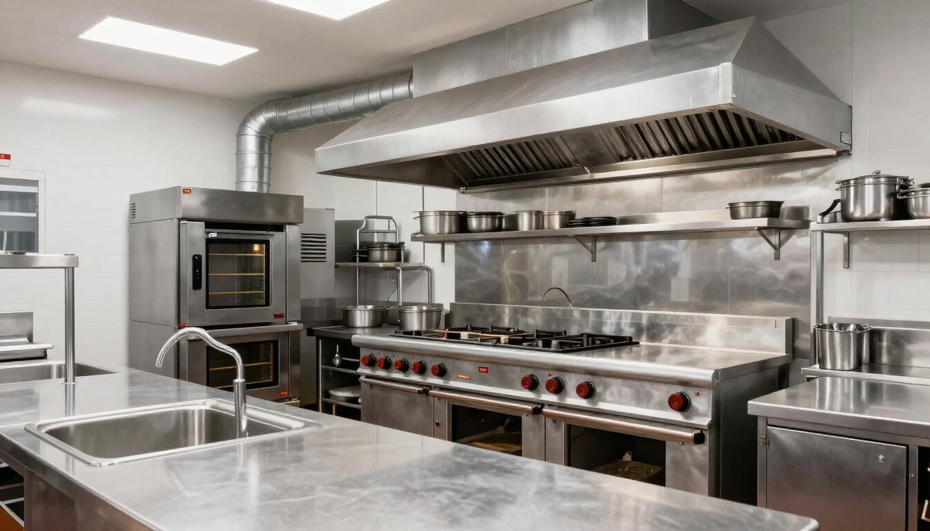 Cocina comercial de acero inoxidable para restaurante, con fogones, hornos, parrillas y una gran campana extractora