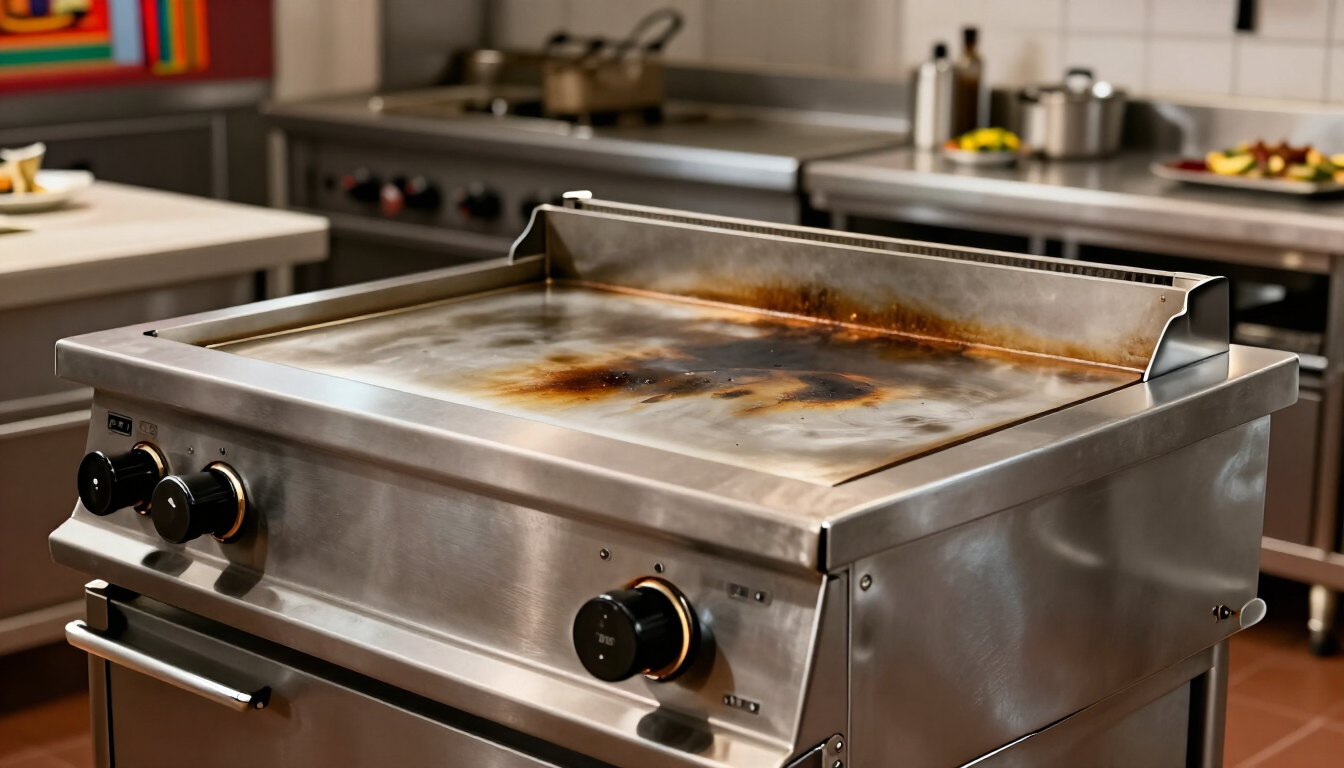 Plancha comercial de acero inoxidable en la cocina de un restaurante, con grasa y marcas de quemado