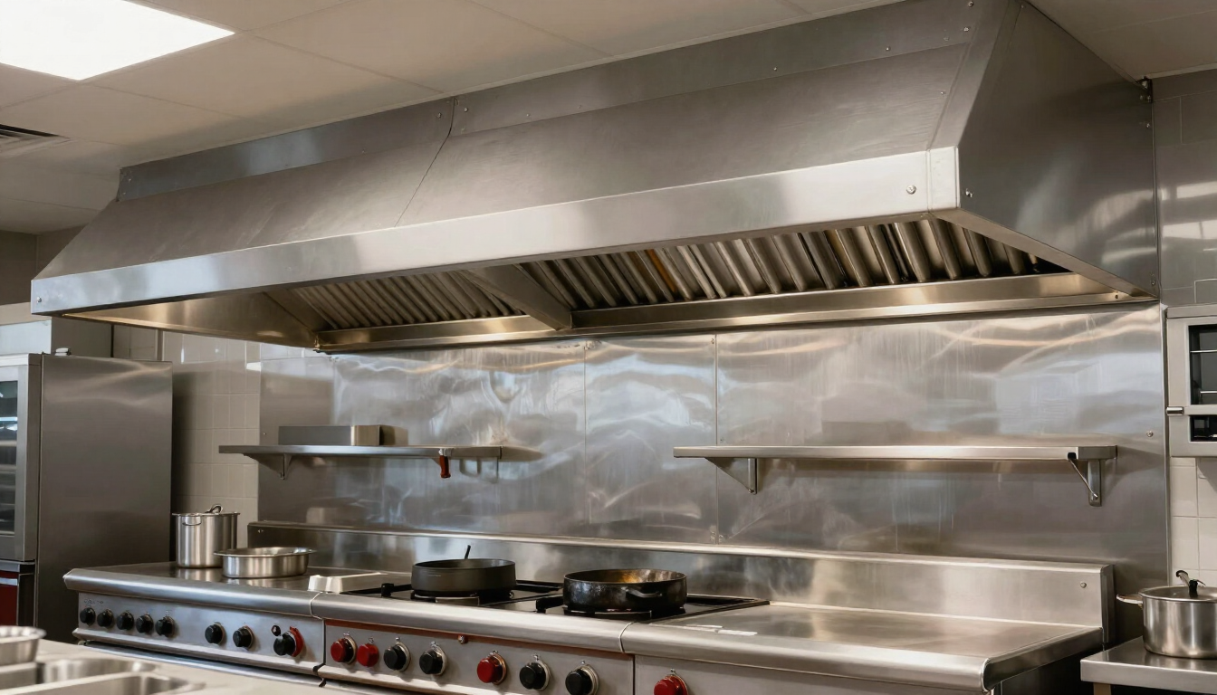 Cocina industrial de acero inoxidable con quemadores y una gran campana extractora en la cocina de un restaurante