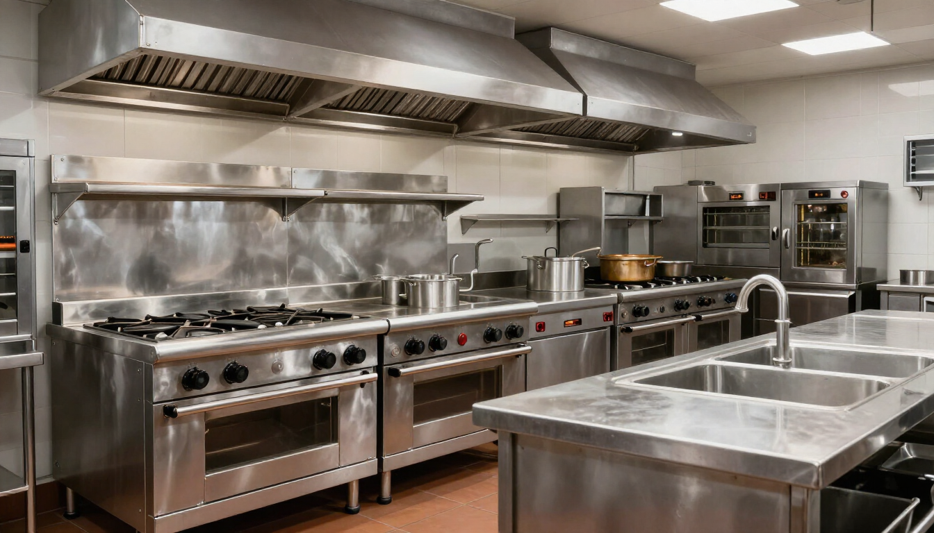 Cocina comercial profesional de acero inoxidable, con fogones, hornos y fregaderos de preparación