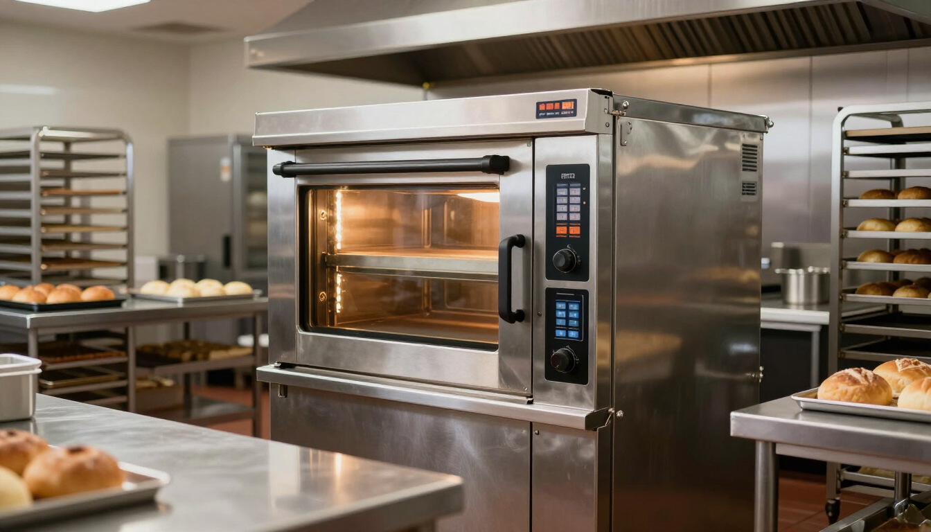 Horno comercial de acero inoxidable en la cocina de una panadería, con bandejas de pan y bollería cerca