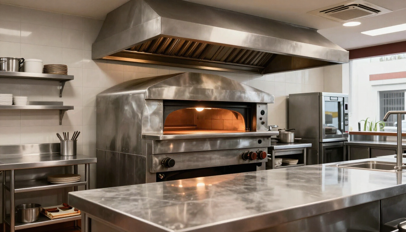 Cocina industrial de acero inoxidable con un gran horno para pizzas, mesas de preparación y estantes en la pared
