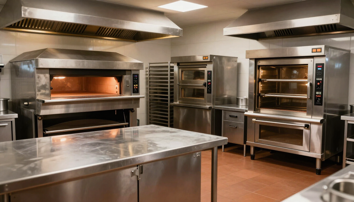 Cocina industrial con hornos y encimeras de acero inoxidable bajo una iluminación cenital intensa