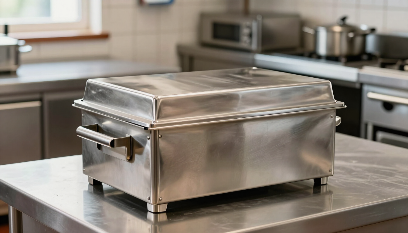Calentador de alimentos de acero inoxidable sobre una encimera de cocina en una cocina comercial