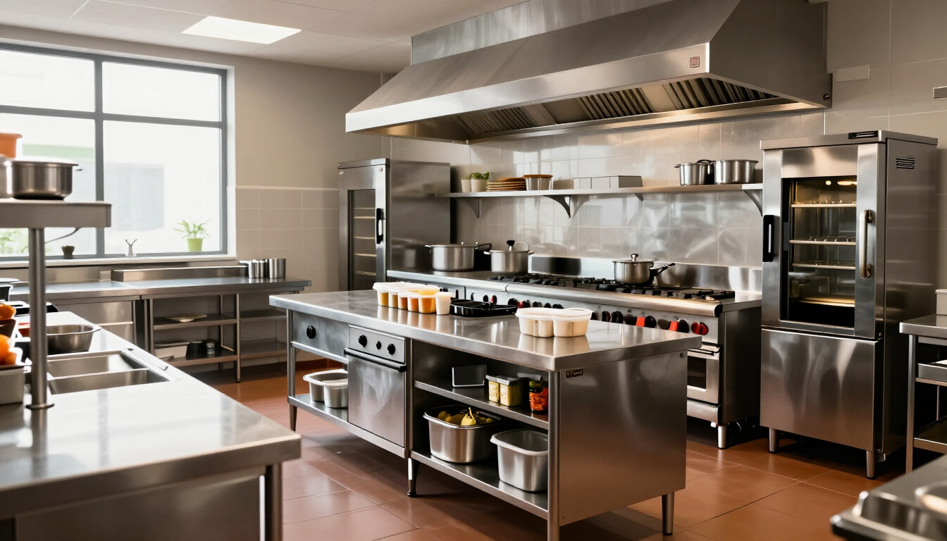 Cocina comercial moderna con encimeras de acero inoxidable, hornos y una gran campana extractora