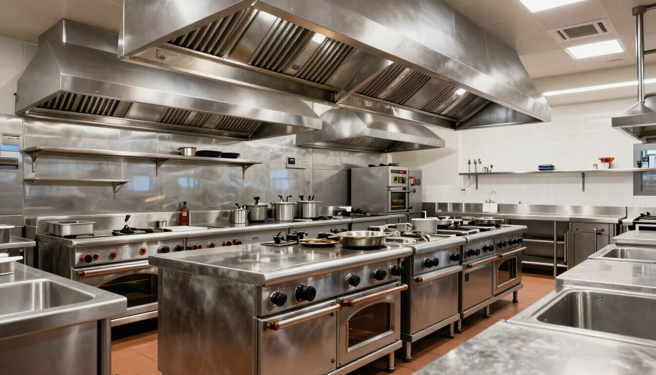 Cocina comercial profesional de acero inoxidable, con fogones, hornos y grandes campanas extractoras.