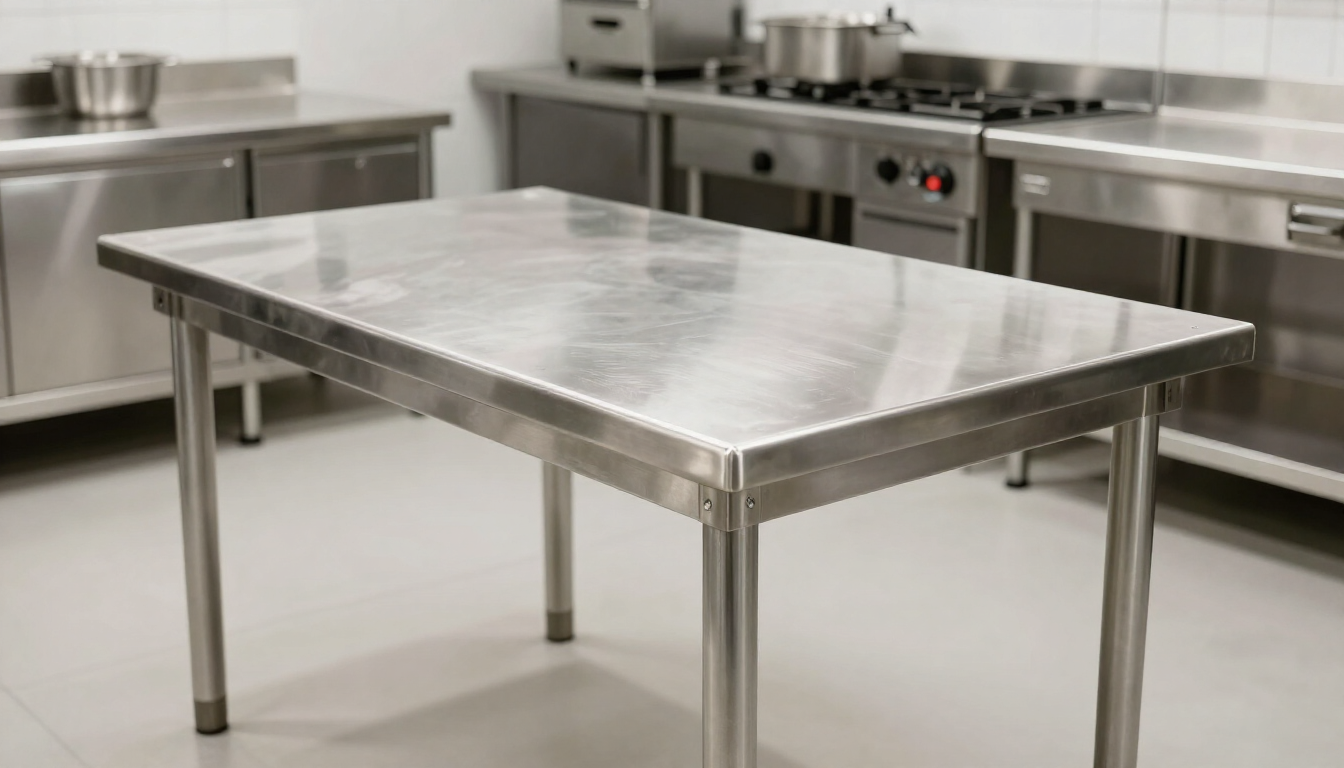 Mesa de preparación de acero inoxidable en una cocina comercial, con encimeras y equipos de cocina al fondo
