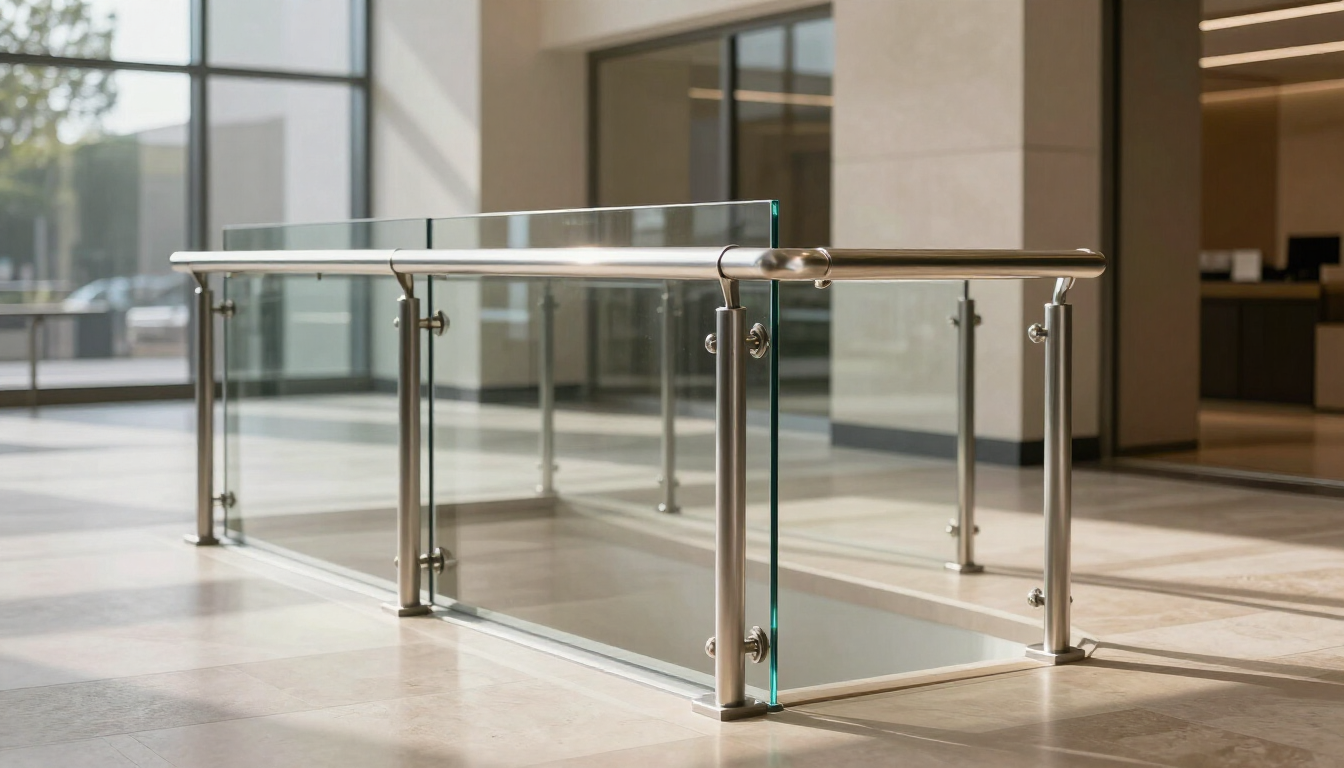 Rampa para sillas de ruedas de vidrio y metal con pasamanos en un vestíbulo interior luminoso