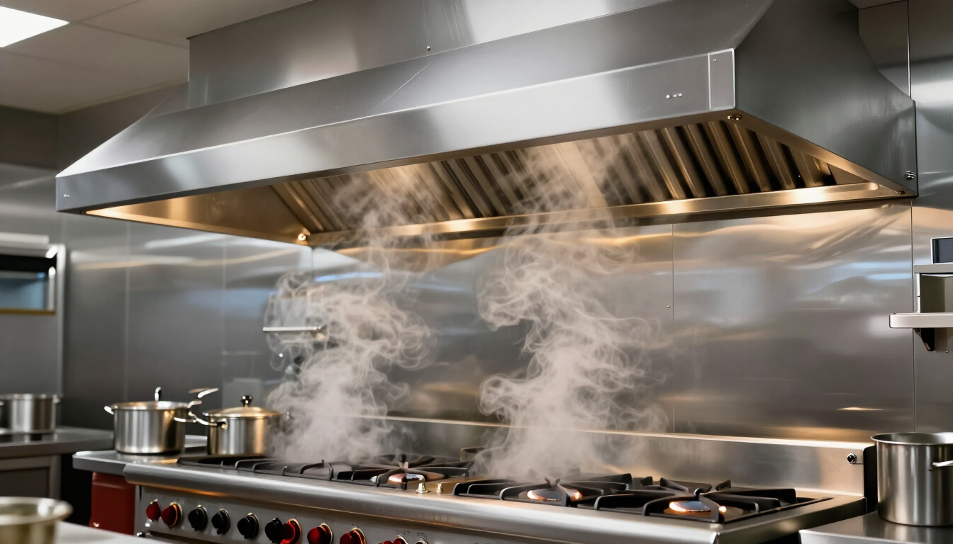Cocina comercial de acero inoxidable con fogones, ollas y vapor que se eleva bajo una gran campana extractora