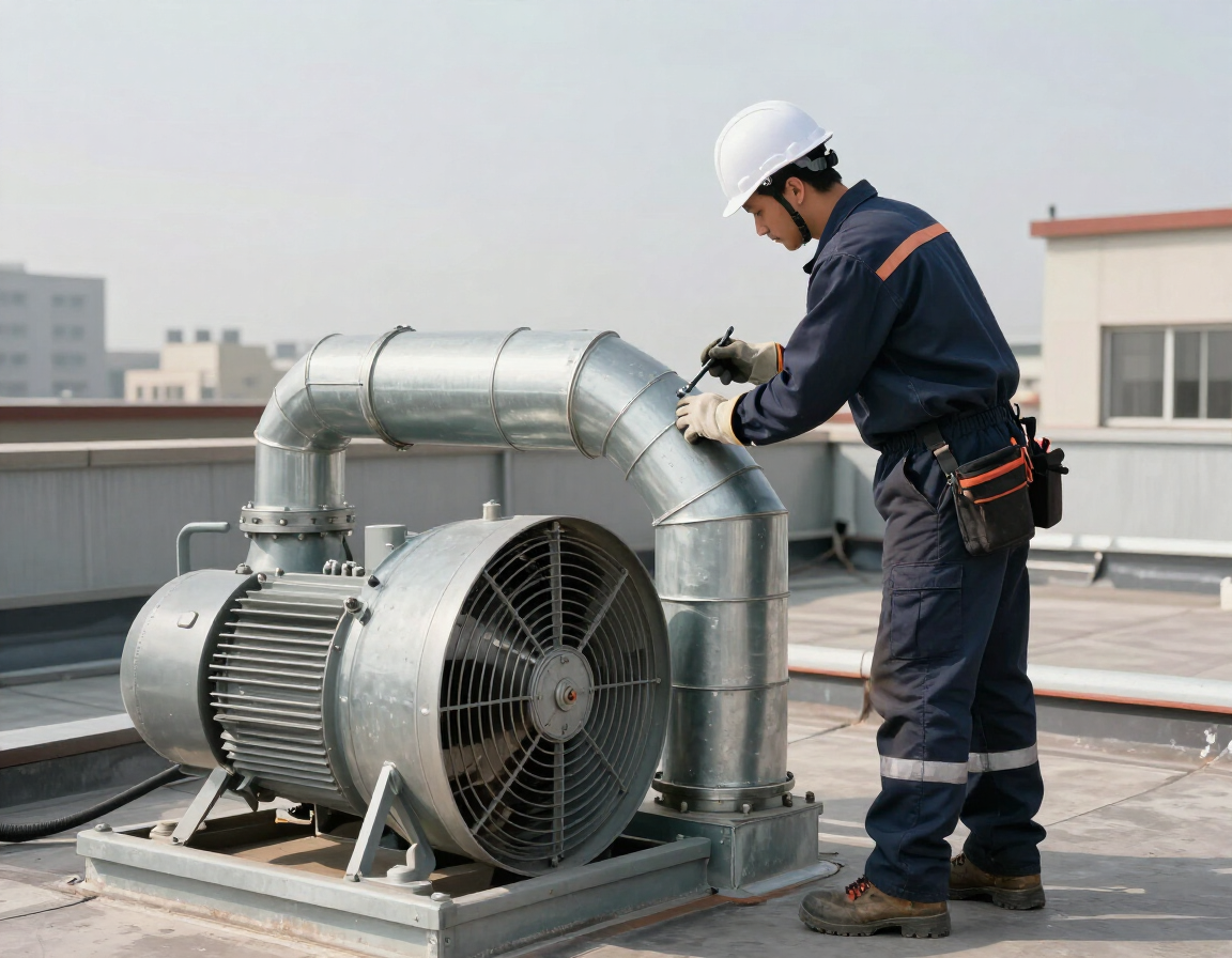 Trabajador con casco inspeccionando equipos de ventilación en una azotea, con un gran ventilador metálico y conductos.