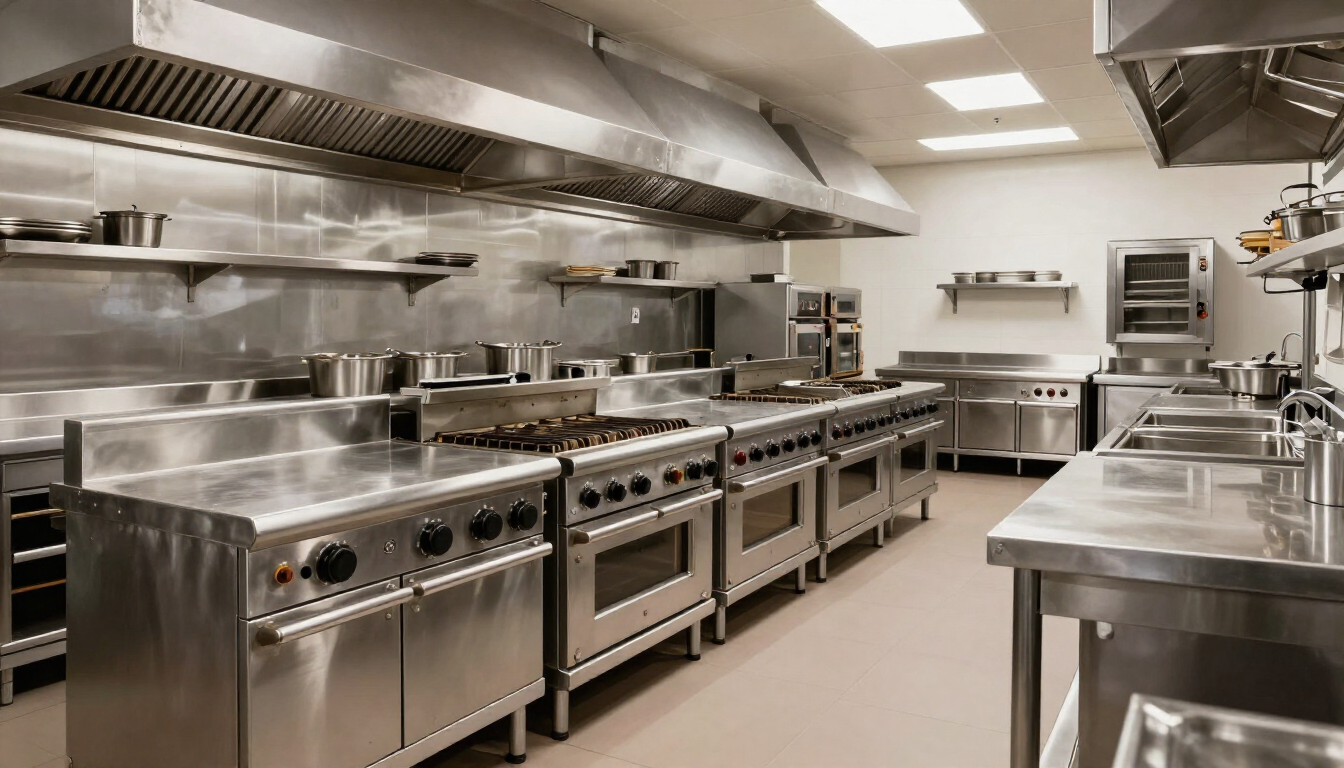 Cocina comercial de acero inoxidable con estufas, hornos, mesas de preparación y campana extractora.