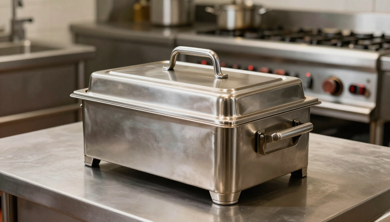 Recipiente calentador de buffet de acero inoxidable sobre una encimera de cocina, con la estufa desenfocada al fondo
