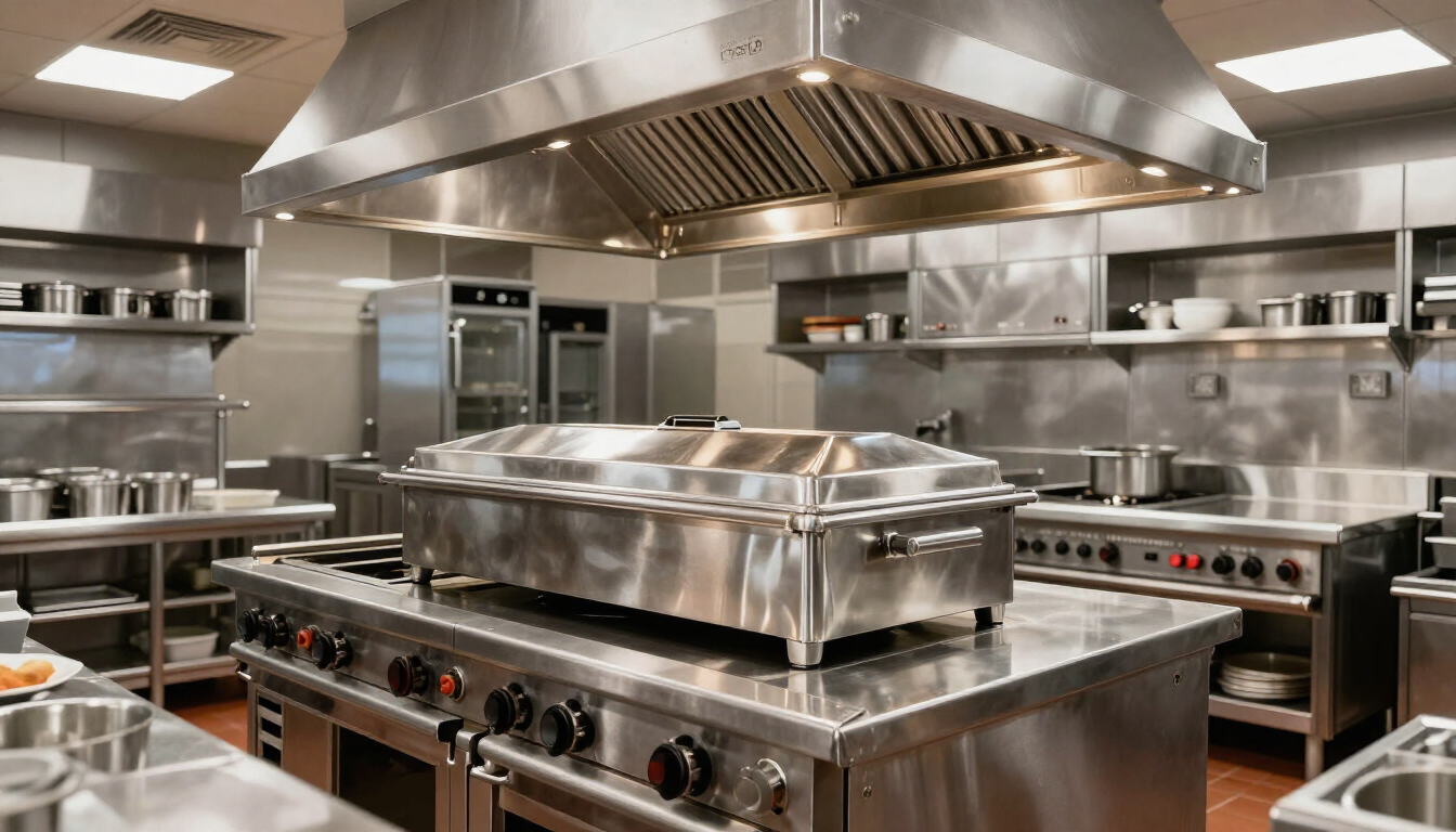 Cocina comercial profesional de acero inoxidable, con hornos, cocina y una campana extractora grande