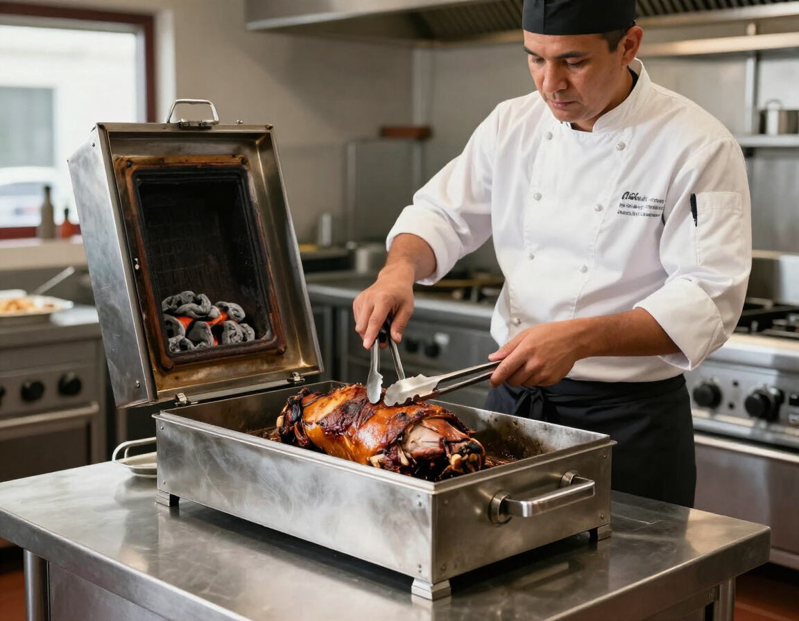 Chef trincha un pollo asado en una estación de acero inoxidable de una cocina profesional