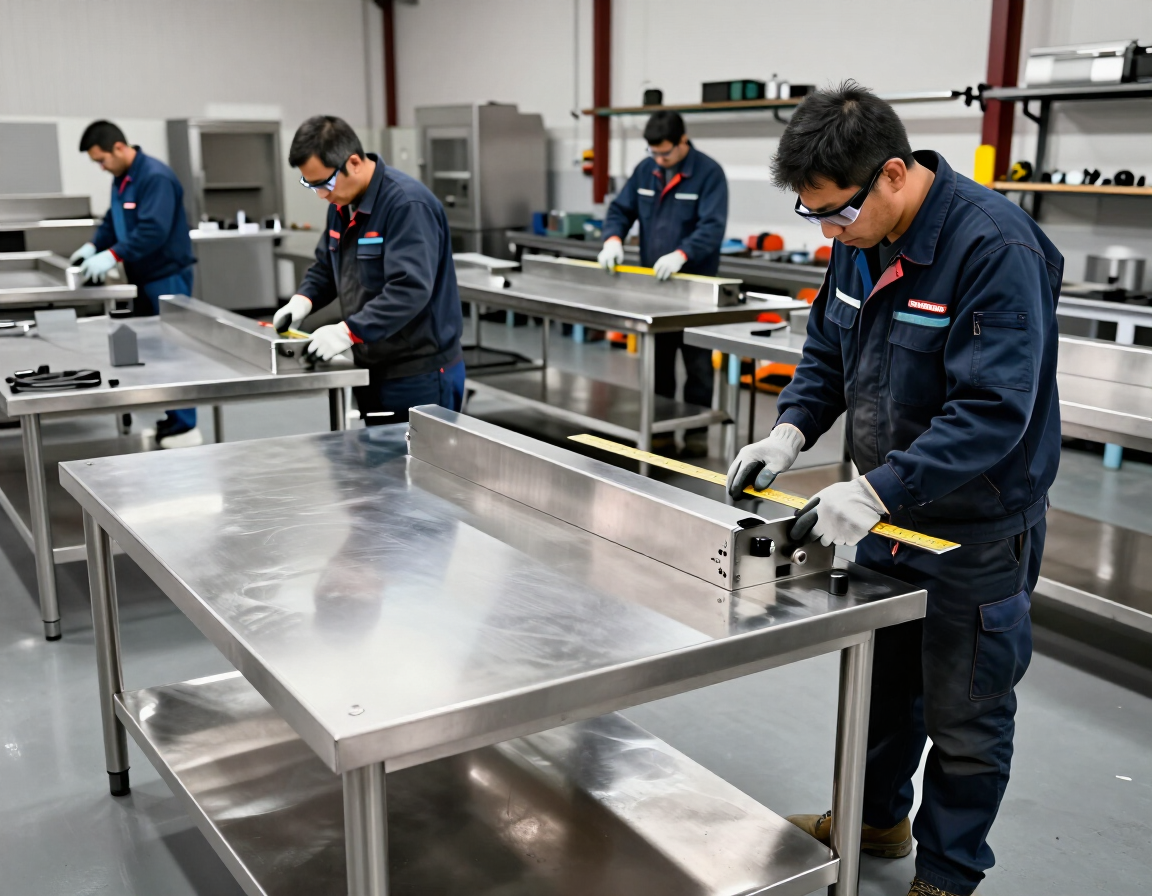 Trabajadores montando mesas metálicas en un taller luminoso