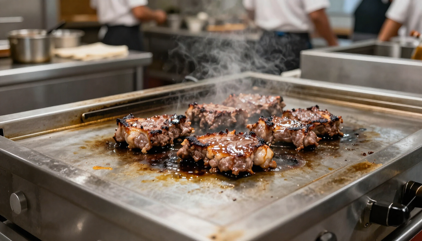 Filetes chisporroteando en una parrilla de acero inoxidable en la cocina de un restaurante, con vapor elevándose.
