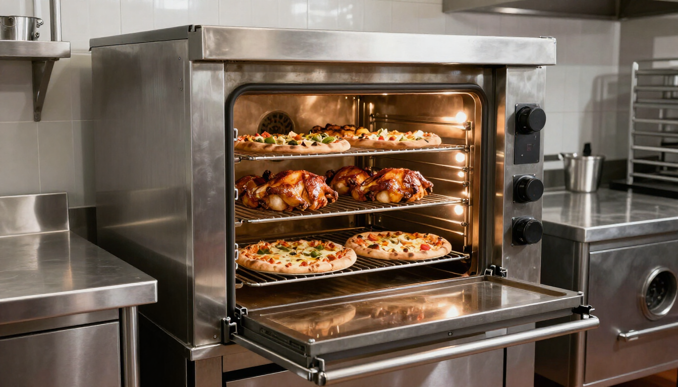 Horno comercial de acero inoxidable con bandejas de comida asada en su interior, en una cocina