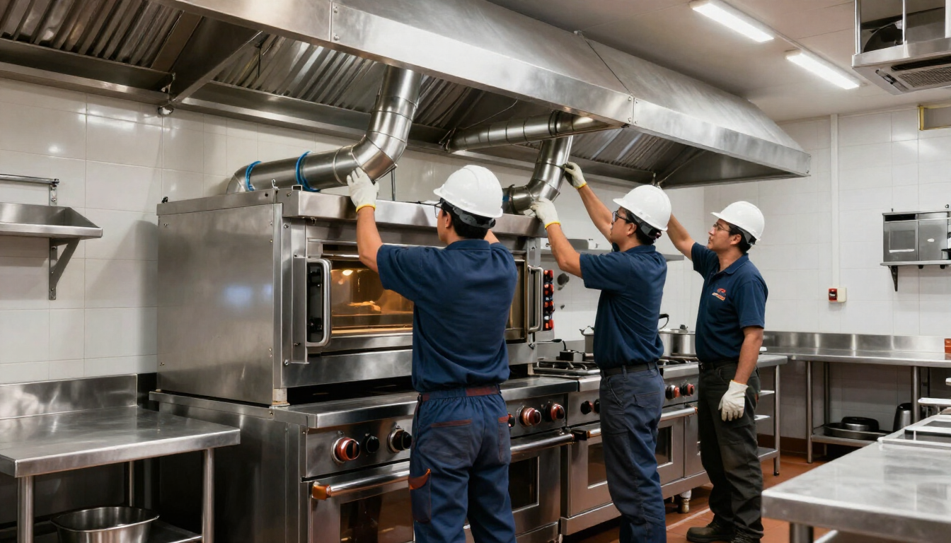 Tres trabajadores con cascos de seguridad inspeccionan equipos 