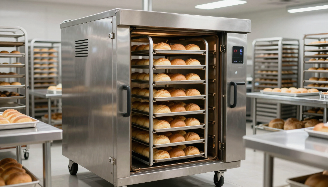 Horno industrial de panadería con estantes llenos de barras de pan recién hechas en una luminosa cocina profesional