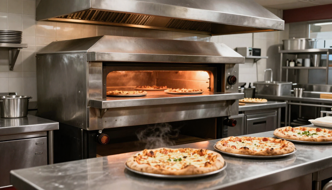 Horno de leña en una cocina con pizzas recién horneadas sobre una encimera metálica
