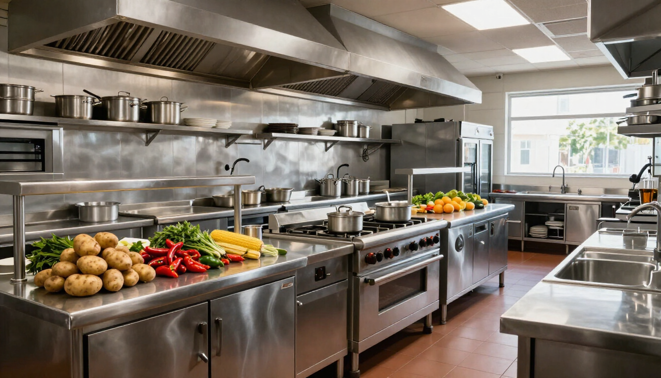 Cocina profesional con encimeras de acero inoxidable, hornos y productos frescos en las estaciones de preparación