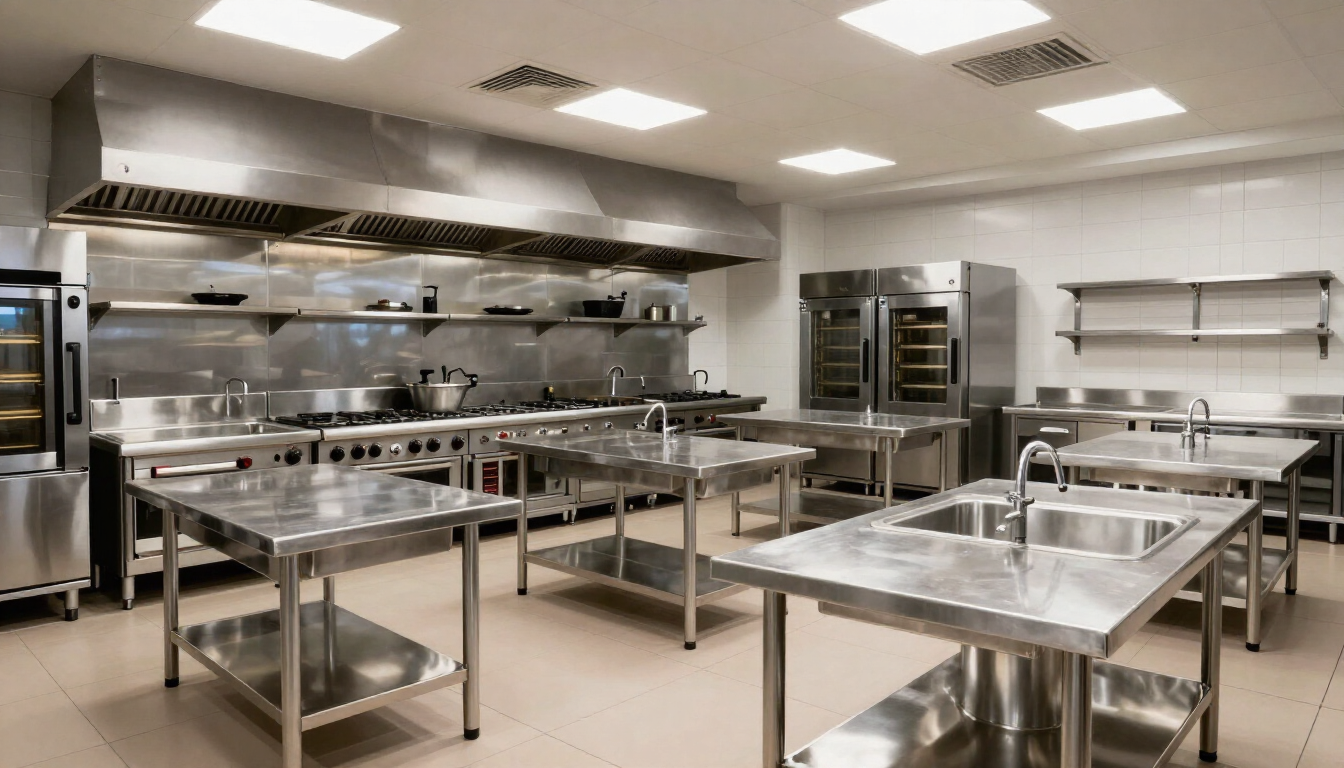 Cocina comercial de acero inoxidable con mesas de preparación, hornos, fregaderos e iluminación cenital brillante