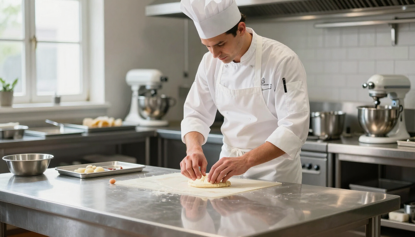 Un chef amasando masa sobre una encimera enharinada en una cocina moderna