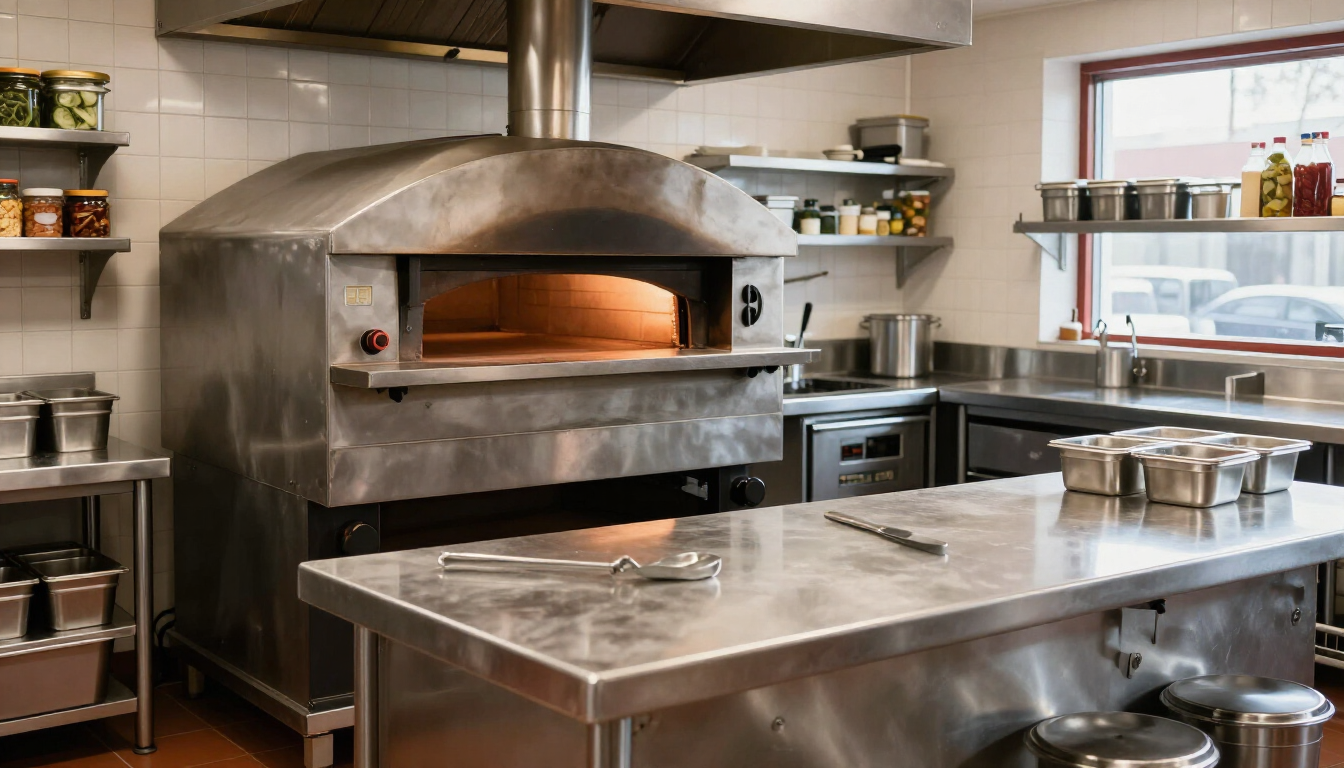 Cocina industrial de acero inoxidable con un gran horno para pizza y encimeras de preparación