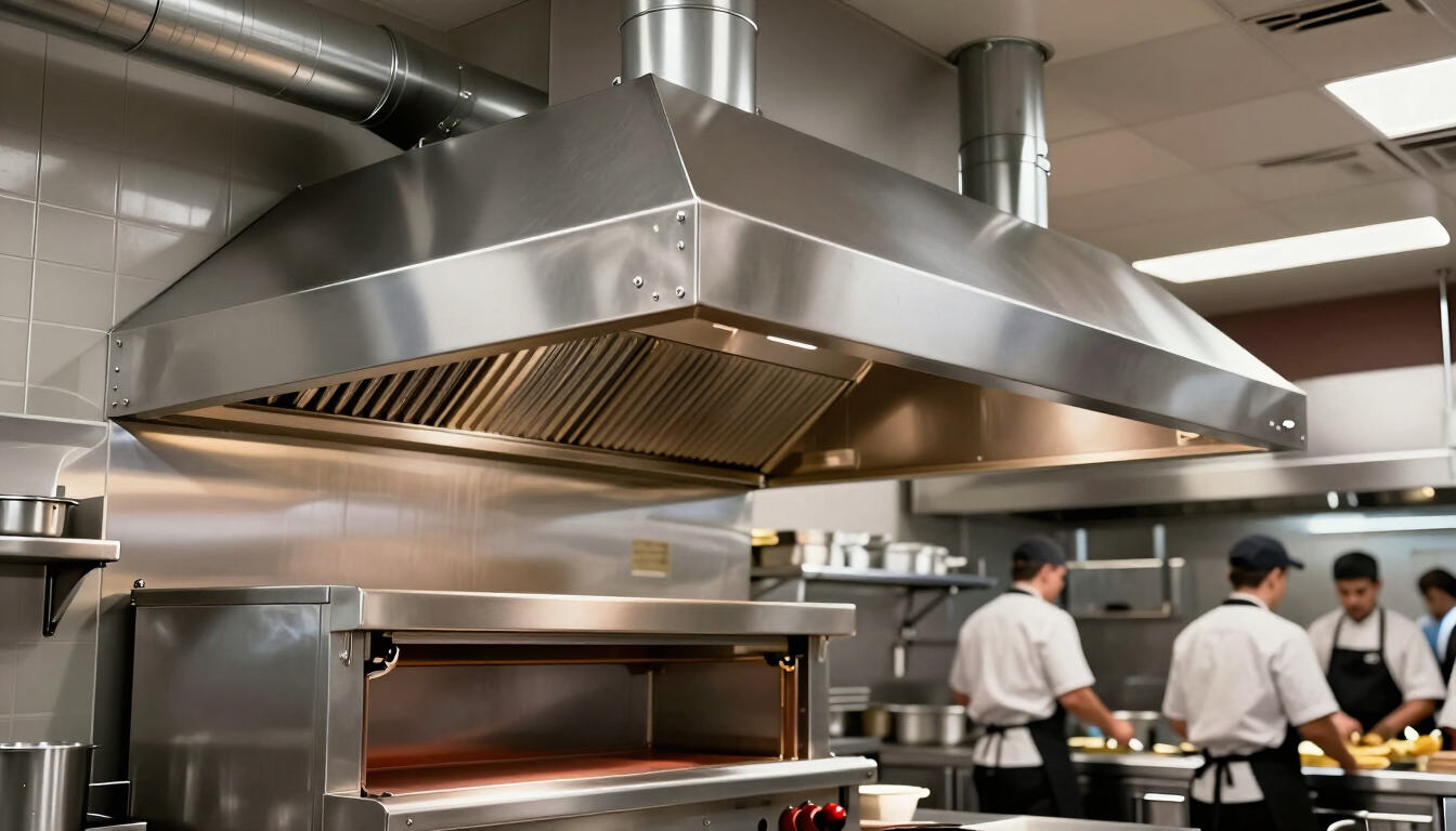 Campana extractora de acero inoxidable sobre la línea de cocción de una cocina de restaurante muy concurrida
