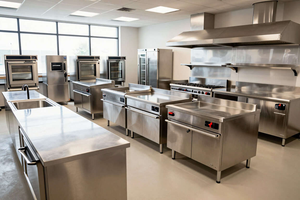 Cocina comercial con electrodomésticos, encimeras y equipos de cocina de acero inoxidable en una estancia luminosa