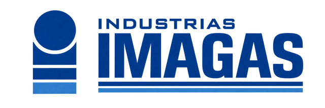 Logotipo azul de IMAGAS Industrias con un emblema circular estilizado y texto en negrita.