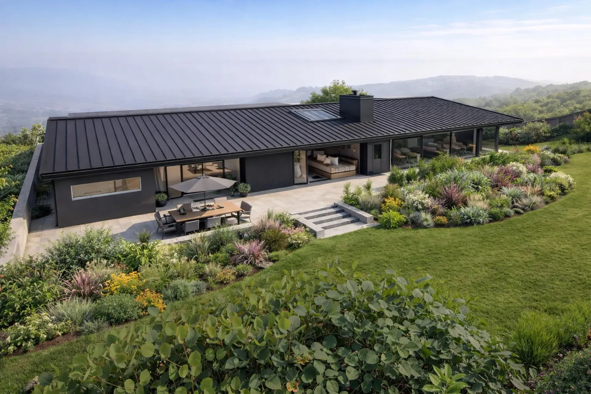 Modern home exterior with light stone walls, dark roof, and wooden screen.
