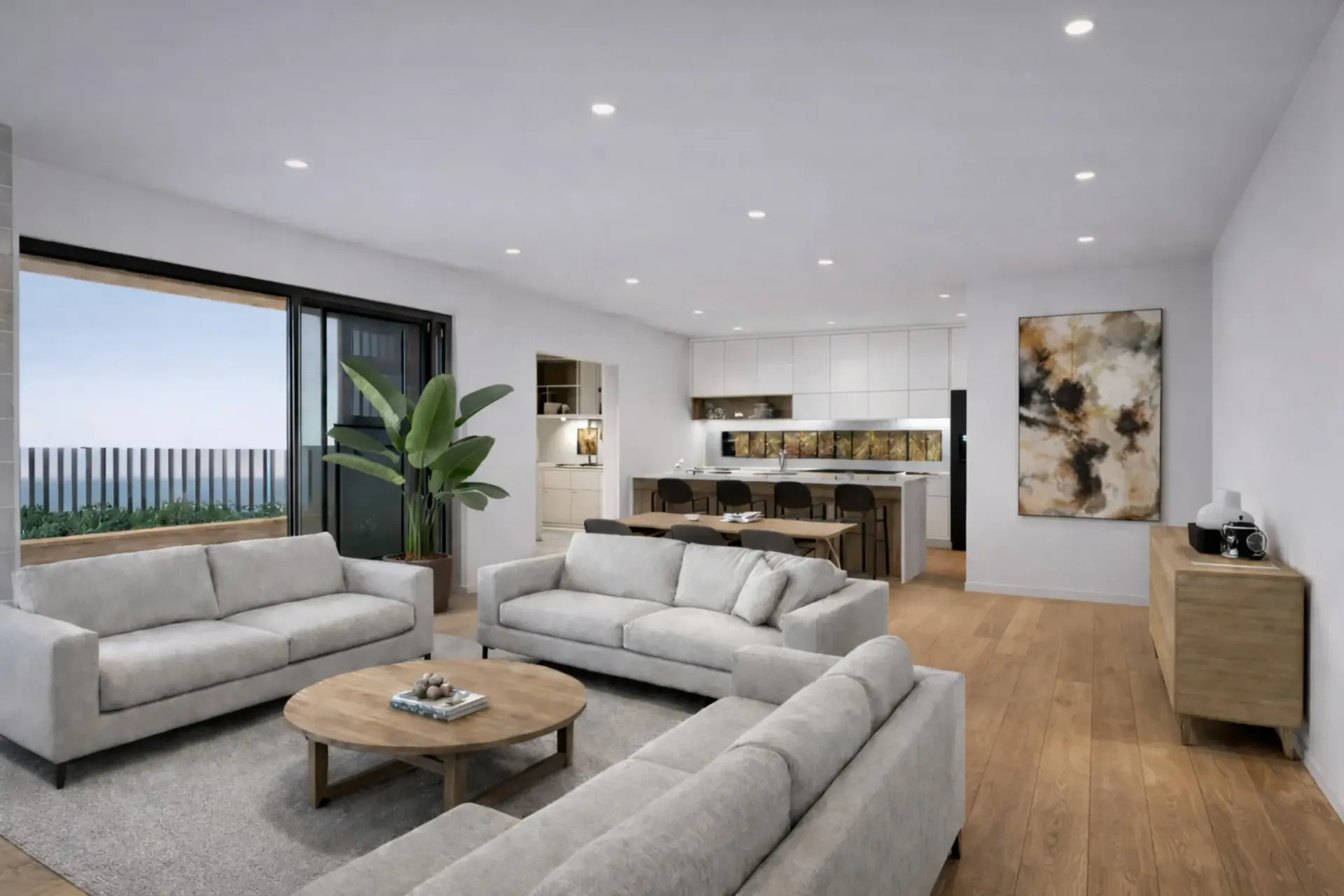Modern house exterior with black roof, large windows, grass lawn, and landscaping.