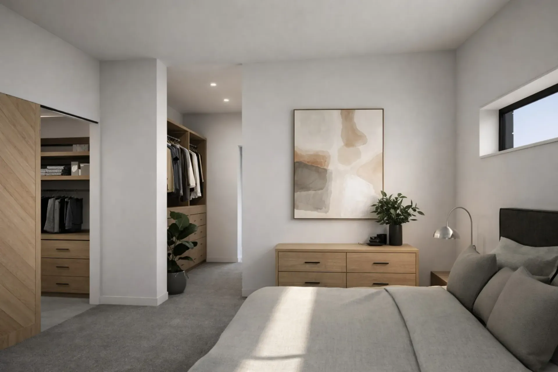 Modern living room with kitchen. Gray sofas, wooden cabinets, open to patio.