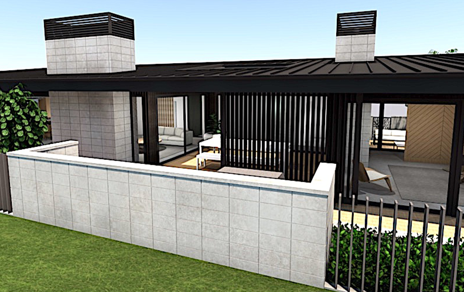 Modern home exterior with stone walls, black roof, wooden slats, and green lawn.